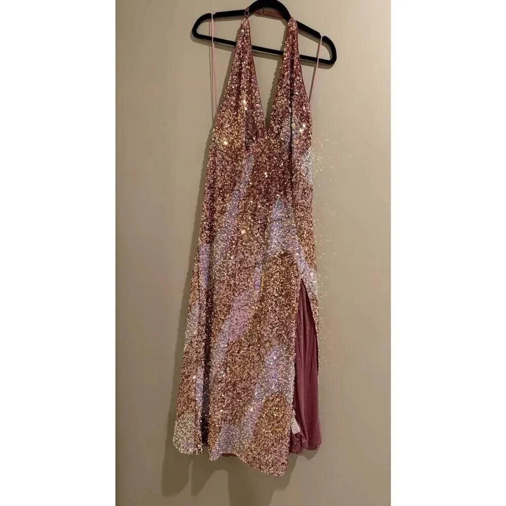 Free People Glitter Gold Pink Sequin Plunging V Neck Midi Dress Large L NWT - Picture 5 of 7